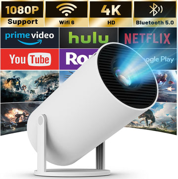 4K 1080P Mini Projector with WiFi & Bluetooth – Portable Android OS Projector, 210° Rotatable Stand, 8000+ Built-in Apps, Dust Removal & Heat Dissipation Design