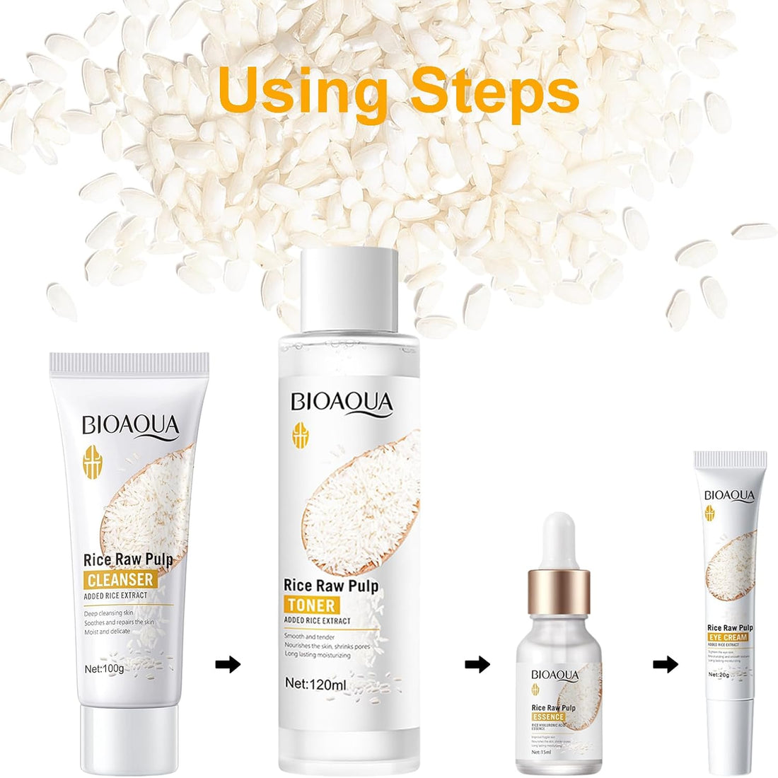 Rosarden Rice Raw Pulp Skin Care Set for Women and Teenage Girls, Rice Raw Pulp Skin Care Set with Rice Water Toner Cleansing Serum Eye Cream for Moisture, Anti Ageing, Firming Skin