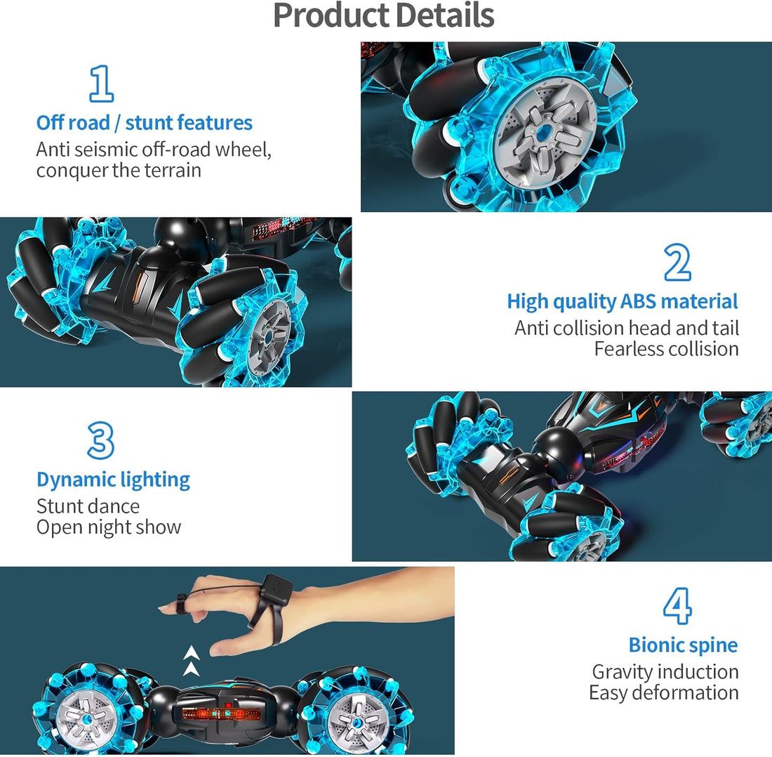 Deejoy 1:12 RC Stunt Car, 2.4GHz 4WD Remote Control Gesture Sensor Toy Cars, Double Sided Rotating Off Road Vehicle 360° Flips with Lights Music, for Boys & Girls Birthday