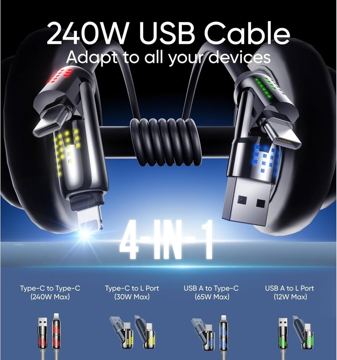 240W 4-in-1 Multi Fast USB Charging Cable with Breathing Light, USB A Type C Cable for Phone & More